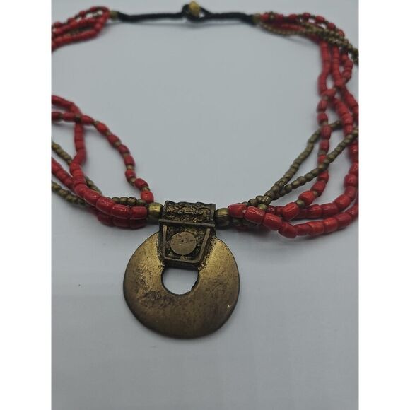 Vtg Southwestern Native American Brass Pendant Red Beads 18" - Picture 2 of 10